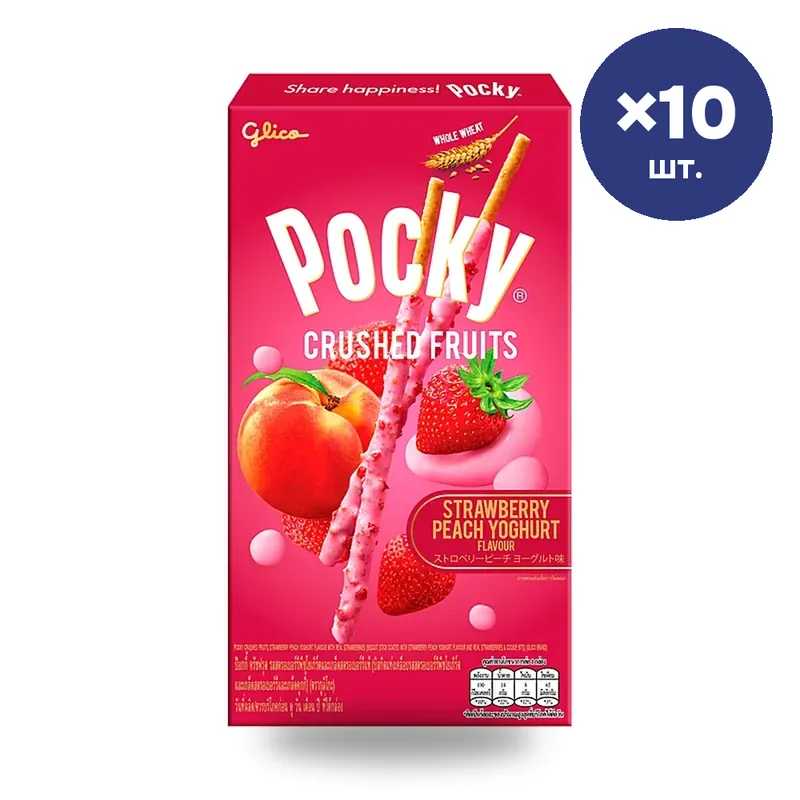 Палочки Pocky Crush Fruit «Клубника, персик и йогурт», 38 г × 10 шт.