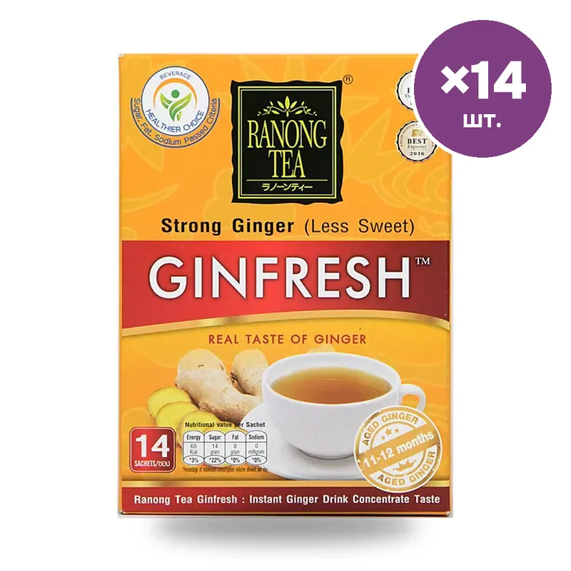 Имбирный напиток Gin Fresh Strong с пониженным сахаром, 15 г × 14 шт.
