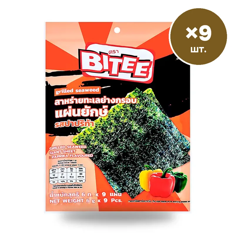 Водоросли Bitee жареные, большие листы, со вкусом паприки, 6 г × 9 шт.